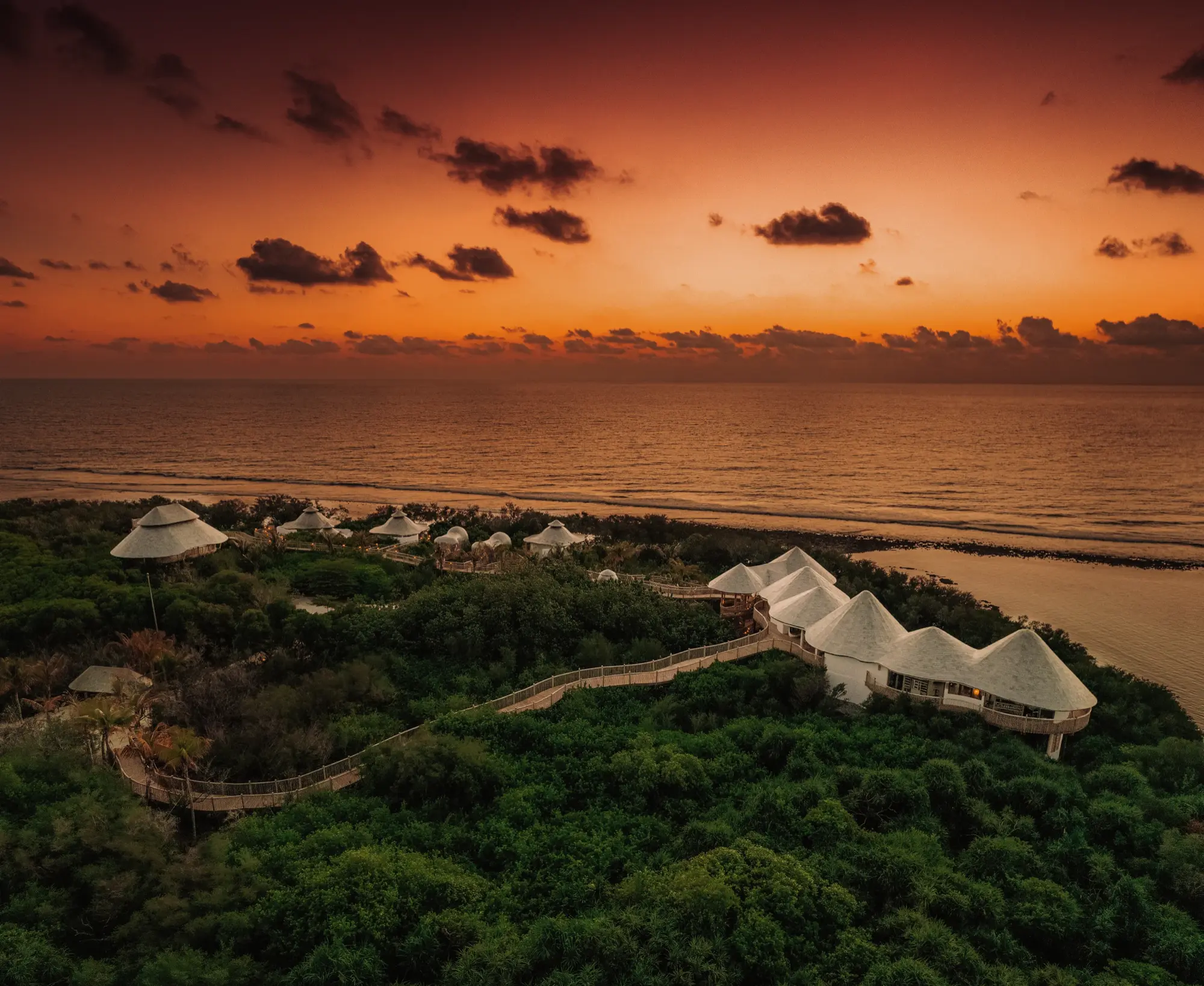 Aerial view of Maldivian resort at sunrise